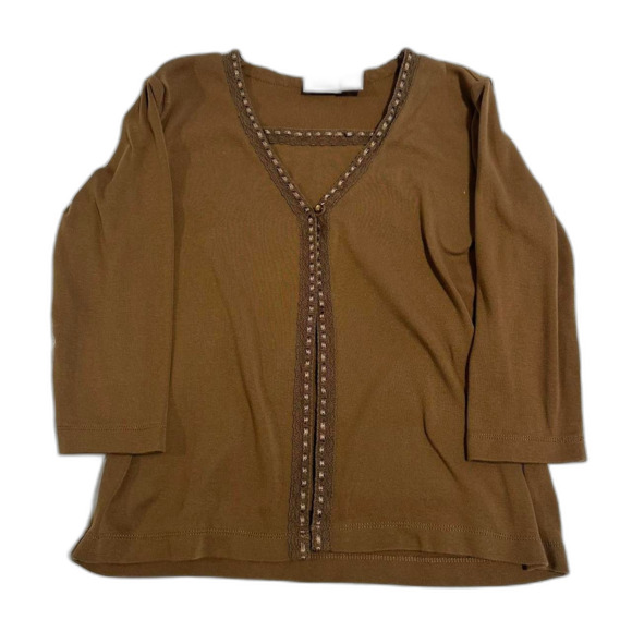 Vintage Brown Embroidered Top 3/4 Sleeve fairy Lace Trim Ballet Boho Y2K Vibes - Picture 1 of 3